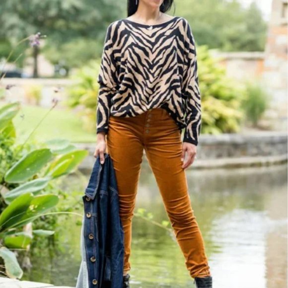 CAbi # 3884 Dani Pullover Sweater in Tan & Black Zebra Dazzle Stripe Size Small - Picture 2 of 11